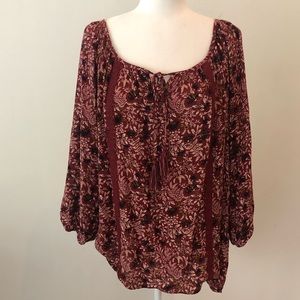 Knox Rose Maroon Floral Peasant Blouse Size L
